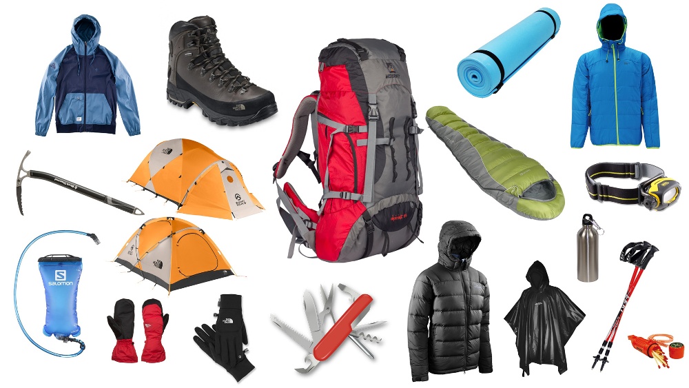 Climbing equipment: jackets, boots, backpack, sleeping bag, tent, poles and headlamp